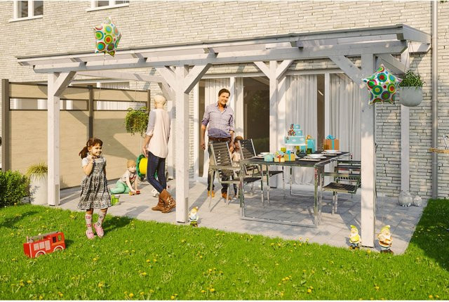 Skan Holz Terrassenüberdachung Siena aus Leimholz mit Polycarbonat Doppelstegplatten in Weiß, B: 541 cm, H: 250 cm, T: 256 cm - Bild 1
