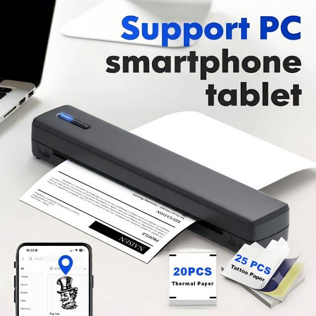 POLONO Tragbarer kabelloser Thermodrucker für A4 und US-Letter Dokumente sowie Tattoo-Designs, kompatibel mit Mobiltelefonen und Computern - Bild 1
