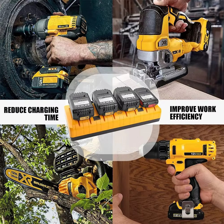 DeWalt DCB104 Schnellladegerät für 12V-18V Lithium-Akkus mit vier Anschlüssen und Ladeschutz, Farbe: Gelb - Bild 4