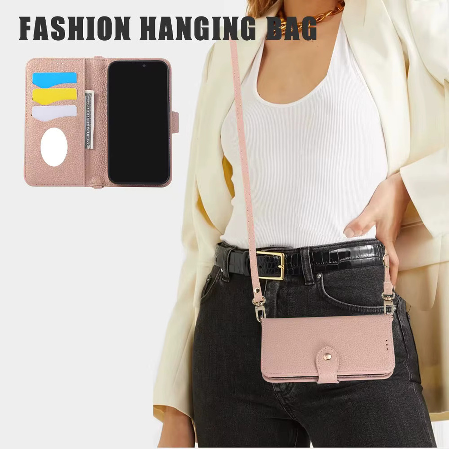 Beige Flip-Lederhülle für Apple iPhone mit Spiegel, Geldbörse und Kartenhalter als Crossbody-Telefonhülle - Bild 4