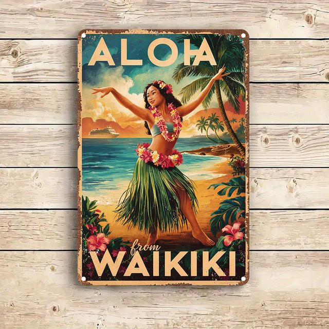 Potdemiel Aloha Vintage Metallblechschild Rund mit Floralem Design, Durchmesser: 20 cm, Mehrfarbig - Bild 1