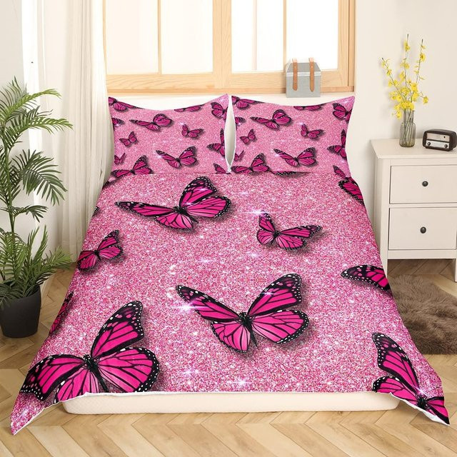 Schmetterlings Bettwäsche-Set mit Bettdecke und 2 Kissenbezügen, Rosa, Floral, Mikrofaser, B/H: 135 x 200 cm - Bild 1