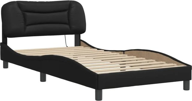 vidaXL Bettgestell Hvar in Schwarz mit LED-Unterbettbeleuchtung und USB-Ladeport aus Kunstleder und Kiefernholz, B/T/H: 100 x 200 x 105 cm - Bild 1