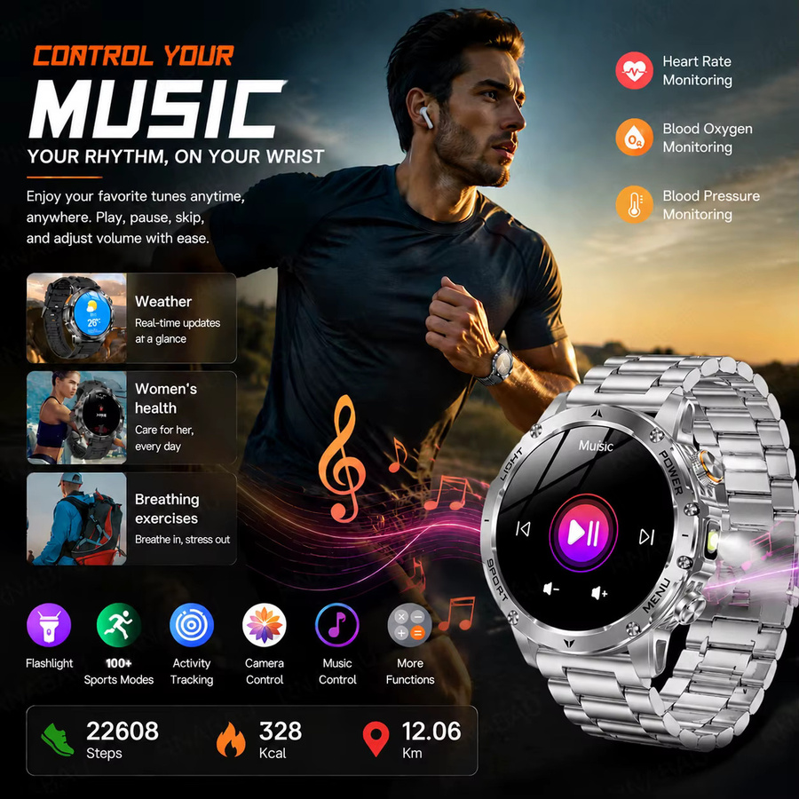 MTIMENX Smartwatch für Herren mit 1,7 Zoll AMOLED Display, Bluetooth Anruffunktion, IP68 Wasserdicht, Outdoor-Sportuhr in Schwarz, kompatibel mit Android und iOS - Bild 3