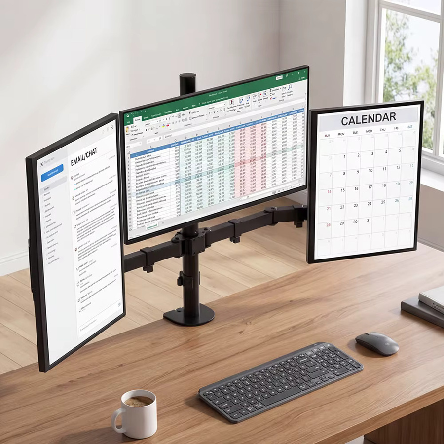 Dreifach-Monitorständer für 3 Bildschirme 10-32 Zoll in Schwarz, höhen- und winkelverstellbar, VESA 75x75/100x100mm, für Flach- und Curved-Monitore bis 10kg pro Bildschirm - Bild 5
