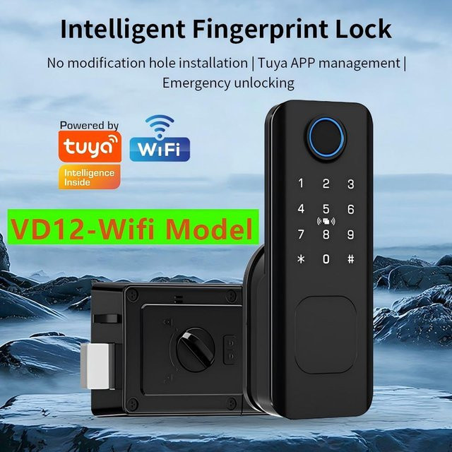 LUCKING DOOR Smart Türschloss mit Fingerabdruck und WLAN, Wasserdichtes Außentürschloss mit Fernbedienung und Tuya-App-Unterstützung, Elektrisches Aufschraubschloss in Schwarz - Bild 1