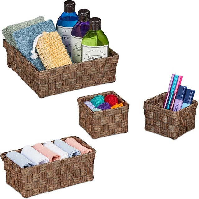 Relaxdays Aufbewahrungskorb 4er Set aus Kunststoff und Eisen, geflochten, Braun, B/T/H: 23,5 x 23,5 x 8,5 cm - Bild 1
