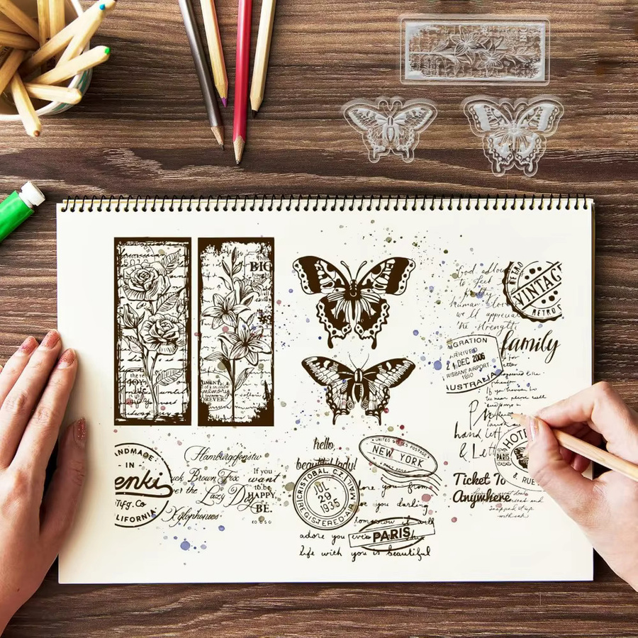Transparente Silikonstempel Set mit Vintage-Blumenrahmen, Schmetterlingen und Rosen für kreative Gestaltungen - Bild 2
