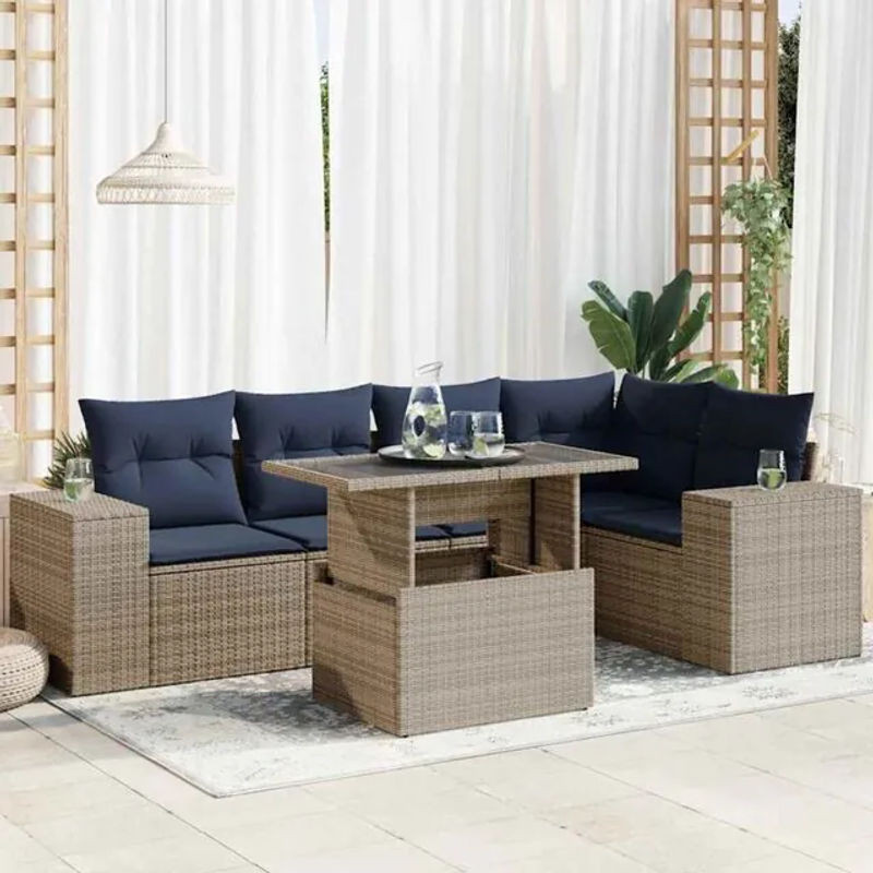 6-tlg. Garten-Sofagarnitur in L-Form aus Poly-Rattan und Metall mit Kissen in Schwarz und Blau von vidaxl - Bild 1