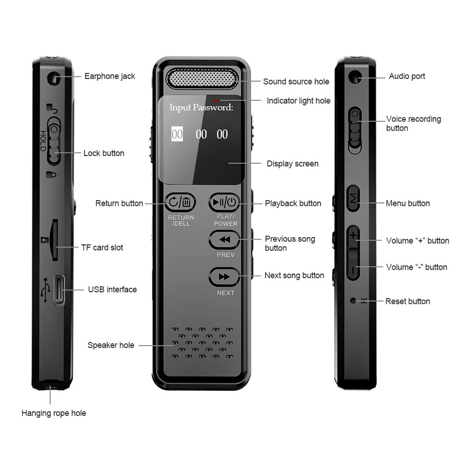 Vandlion V75 Diktiergerät in Schwarz mit 1,0-Zoll-Bildschirm, Rauschunterdrückung und USB-C Anschluss für Langzeitaufzeichnungen - Bild 6