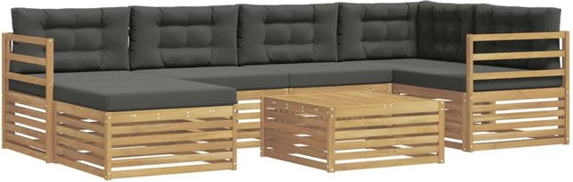 vidaXL Outdoor-Sofagarnitur 7-teilig in L-Form aus Akazienholz mit Kissen in Anthrazit und Weiß - Bild 1