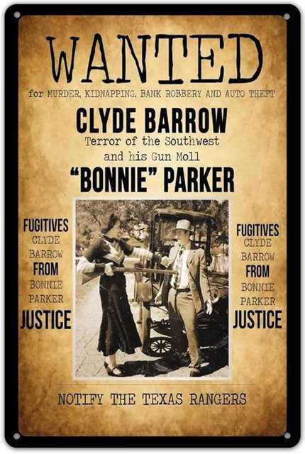 Ylens Wanted Bonnie Clyde Motiv 2 Metallschild in Multicolor für Bar, Café und Restaurant, B/H: 20,0 x 14,0 cm - Bild 1