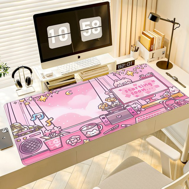 HYBXAXC Gaming-Mauspad mit Kawaii-Katzen- und Wolken-Design in Rosa, rutschfeste Silikon-Tastaturunterlage - Bild 1