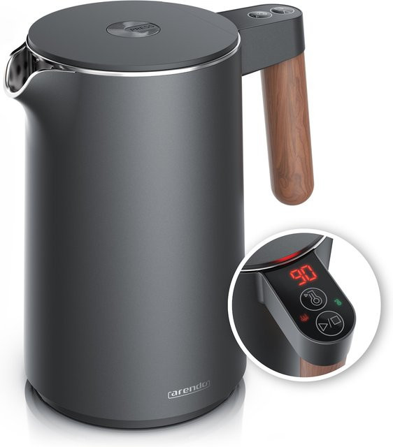 Arendo Wasserkocher Edelstahl in Silber und Grau, Doppelwandig mit Temperaturregelung 45 ° – 100 °C, 1,5 l, 2200 W, Teekocher mit Griff in Holzoptik, BPA-frei - Bild 1