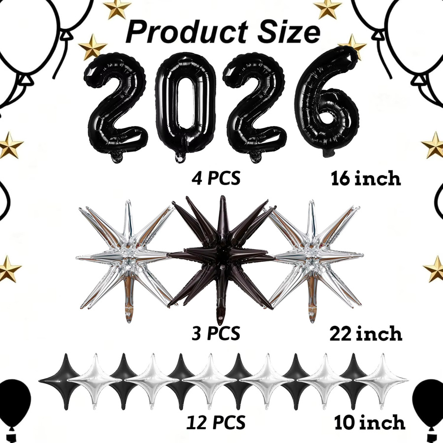 YAYB Silvester Party Dekoration Set 9-teilig mit Banner und Folienballons in Schwarz und Silber - Bild 2