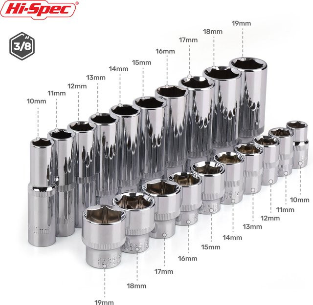 Hi-Spec Steckschlüsselsatz 3/8 Zoll aus Chrom-Vanadium in Silber, tiefe Steckschlüssel 10–19 mm für Reparatur und Handwerk - Bild 1