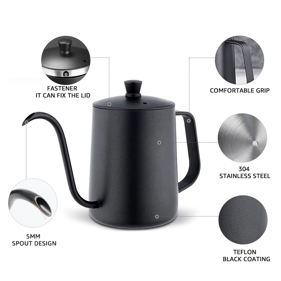 MYVIT Pour-Over Kaffeekessel aus Edelstahl mit Schwanenhals-Ausguss, 350/600 ml, Silber oder Schwarz - Bild 3