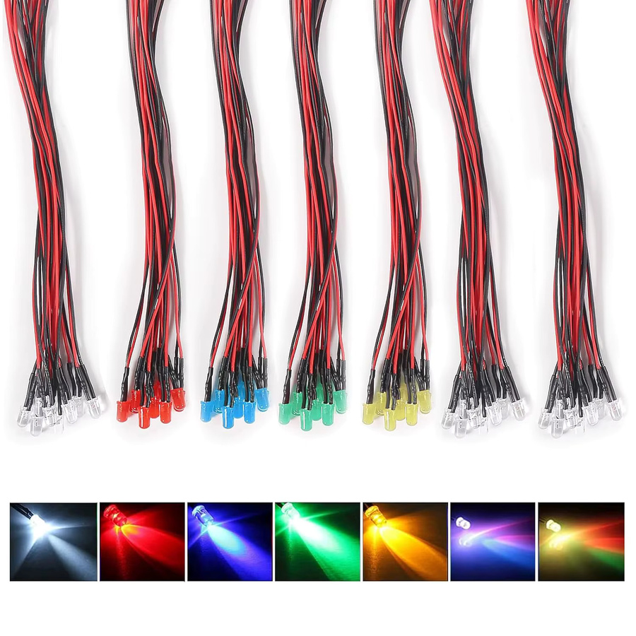 AOKIN 90 Stück 12V LED-Set mit 5mm Einzel-LEDs in 7 Farben (RGB, Weiß, Rot, Gelb, Grün, Blau) vorverdrahtet - Bild 5