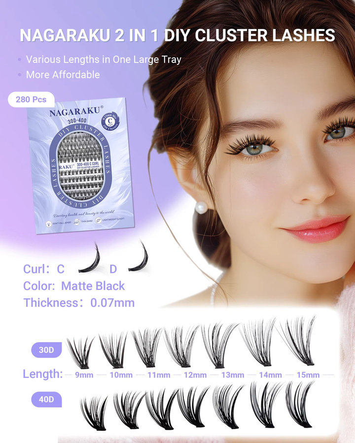 NAGARAKU Künstliche Wimpern Cluster, D-Curl, 9-15mm, Schwarz, Matt, Unisex - Bild 3