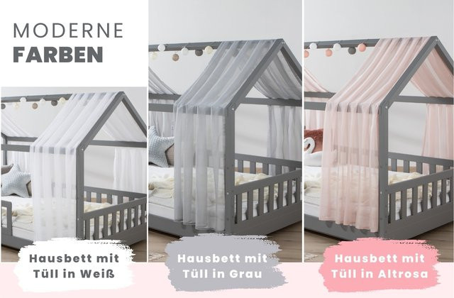 TiCAA Hausbett Kim aus Kiefer Massivholz mit Tüll, Hellgrau, inkl. Rolllattenrost, Zusatzbett und Rausfallschutz - Bild 1