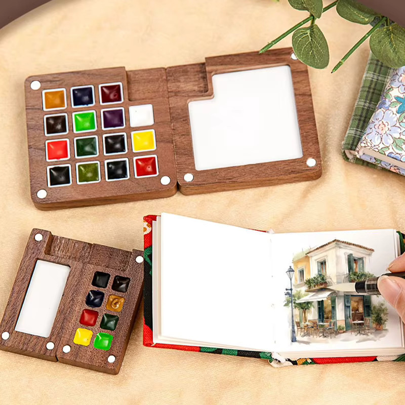 Tragbare Mini-Aquarellpalette aus Walnussholz in Braun mit Clip für unterwegs - Bild 1
