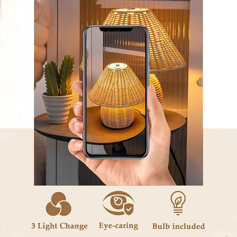 LINCCW Bambus Tischlampe Retro mit USB-Anschluss in Braun für Wohnzimmer und Leseecken - Bild 4
