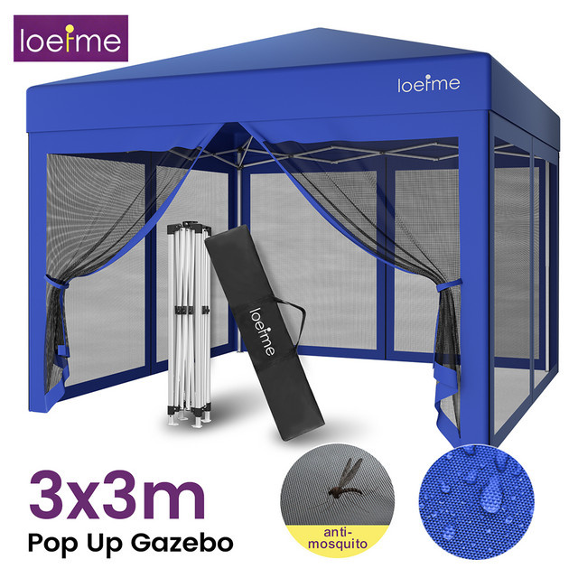 LOEFME Pop-Up Pavillon mit Moskitonetz in Blau, wasserdichtes Zelt mit UV-Schutz für Camping, Terrasse und Garten, B/T: 300 x 300 cm - Bild 1
