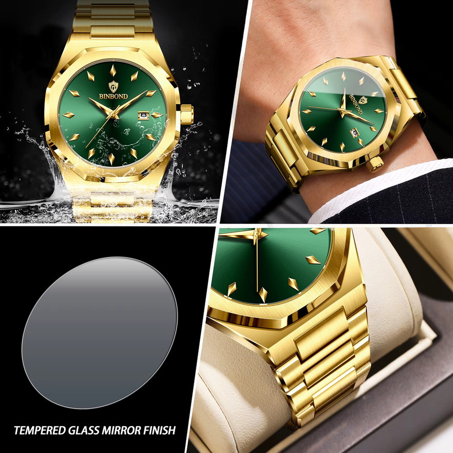 BINBOND Armbanduhr Quarz, Edelstahl, Gold, Grün, Herren - Bild 6