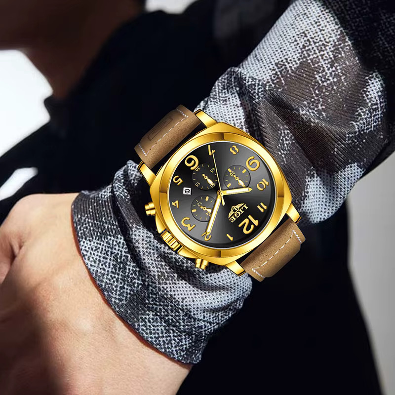 LIGE Armbanduhr, Gold, Leder, Quarz, Chronograph, Herren - Bild 5