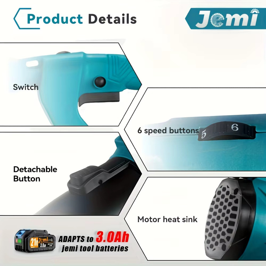 Jemi Tool Kabelloser Akku-Laubbläser in Blau mit 6 einstellbaren Geschwindigkeiten zur Entfernung von Staub, Schnee und Laub - Bild 5