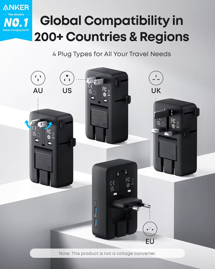 Anker Nano Reiseadapter weltweit in Schwarz mit 2 x USB-C, 2 x USB-A und 1 x AC Anschluss für über 200 Länder - Bild 5