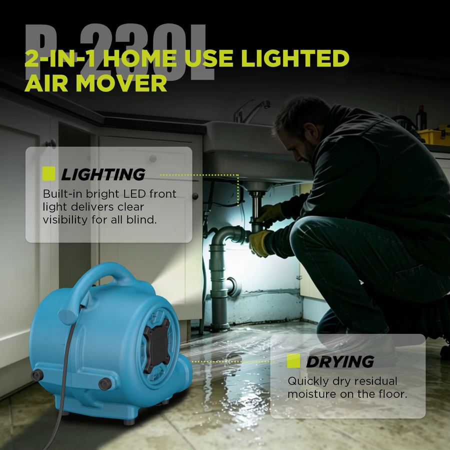 XPower P-230L Leistungsstarker Zentrifugal-Luftbeweger in Blau als Teppichtrockner und Bodenventilator mit LED-Scheinwerfer - Bild 2