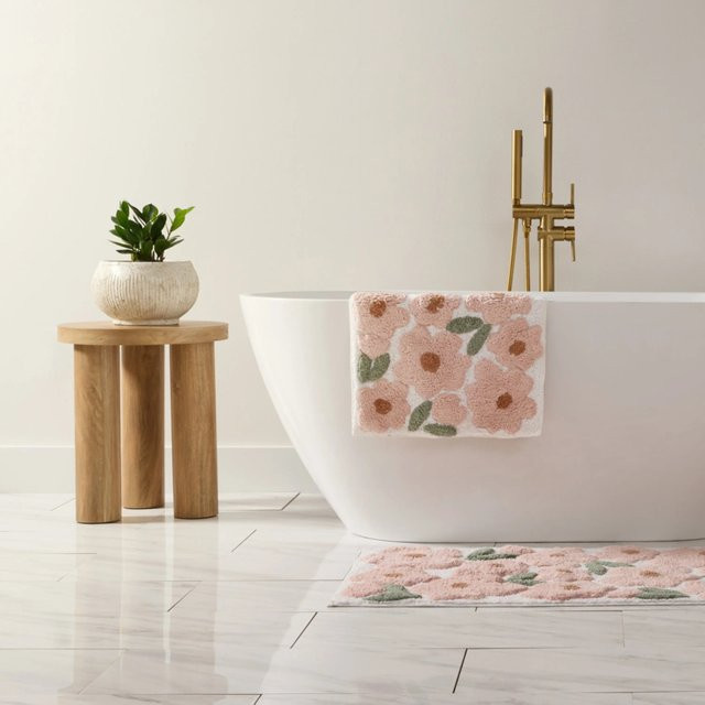 VIKAMA Luxus-Badezimmerteppich mit floralem Design in Naturoptik, weicher Badewannenvorleger für dein Zuhause - Bild 1