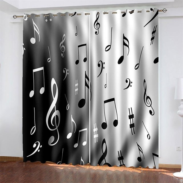 Zweiteiliges Vorhang-Set mit Musiksymbol-Aufdruck aus Polyester, halbtransparent, Mehrfarbig, B: 50 cm, H: 130 cm - Bild 1
