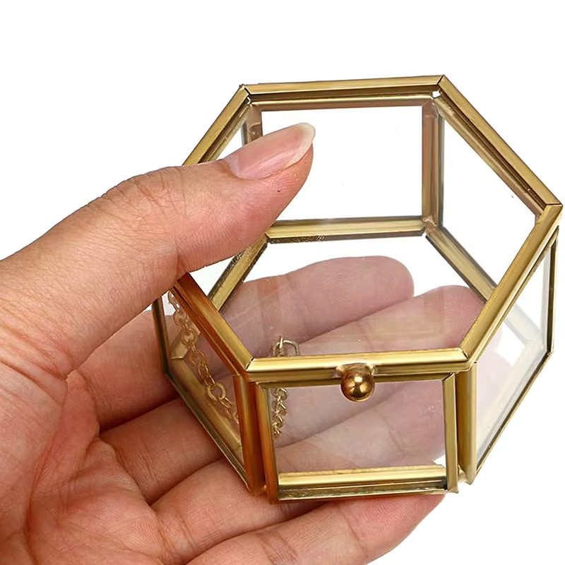 TPXCKz Schmuckbox aus Glas in Gold, sechseckige Retro-Ringbox für deine Geschenke - Bild 3