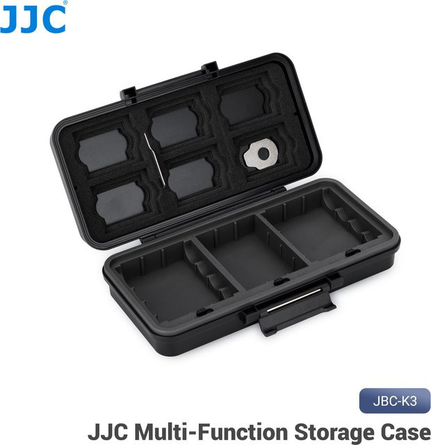 JJC Multifunktionaler Akku-Aufbewahrungskoffer Organizer für SD-Karten, CFe A und CFe B Karten, Kamera-Akkus sowie AA-Batterien in Schwarz - Bild 1