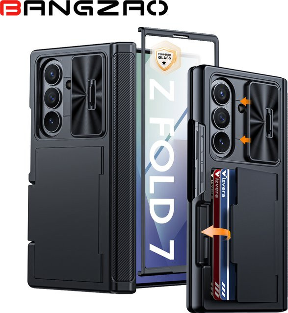 BANGZAO Stoßfeste Handyhülle für Galaxy Z Fold 7 mit Kartenhalter, Schiebe-Kameraabdeckung und RFID-Blockierung in Schwarz - Bild 1
