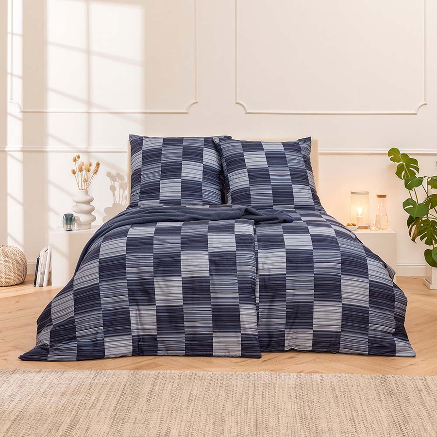 Estella Mako-Satin Bettwäsche Delian Karo in Navy Blau und Silber, Set aus Bettbezug und Kissenbezug, B/H: 155 x 220 cm und 80 x 80 cm - Bild 1