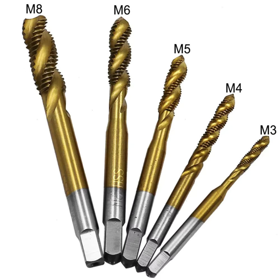 Skeyo 5er Set Metrische Gewindebohrer aus HSS mit Titan-Beschichtung in Gold, M3 bis M8 - Bild 3