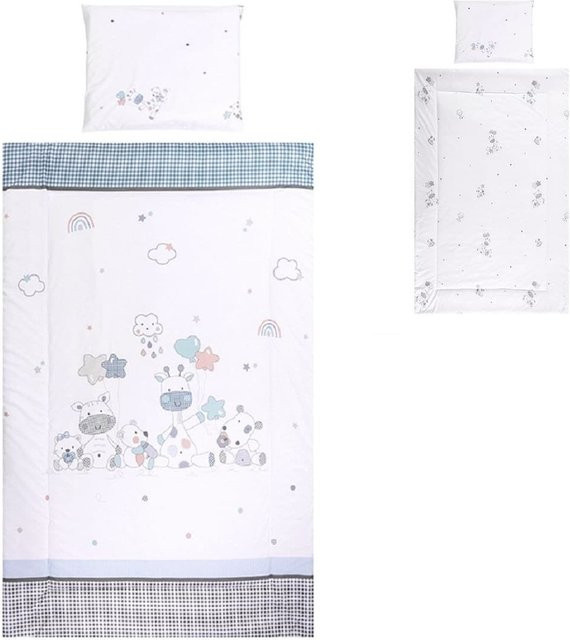 Lorelli Kinderbettwäsche 3-teilig mit Tier-Motiven in Blau, Grau und Weiß, bestehend aus Bettdecke, Kissenbezug und Spannbettlaken - Bild 1
