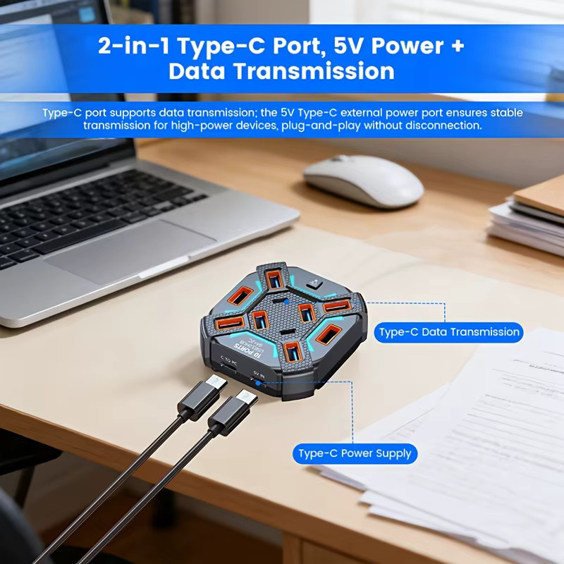 USB-C Dockingstation mit 7 USB 3.0 Ports und RGB-Beleuchtung, stromversorgter Multi-USB-Splitter für Laptop und PC, Schwarz - Bild 2