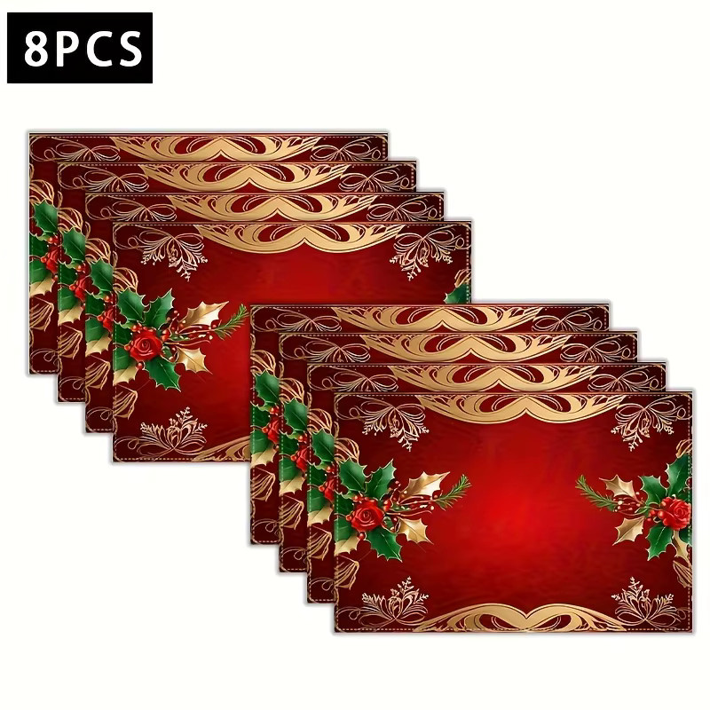VIKAMA Weihnachtliche Tischsets mit Holly-Blättern und roten Beeren in Rot und Gold für deine Weihnachtsdekoration - Bild 3