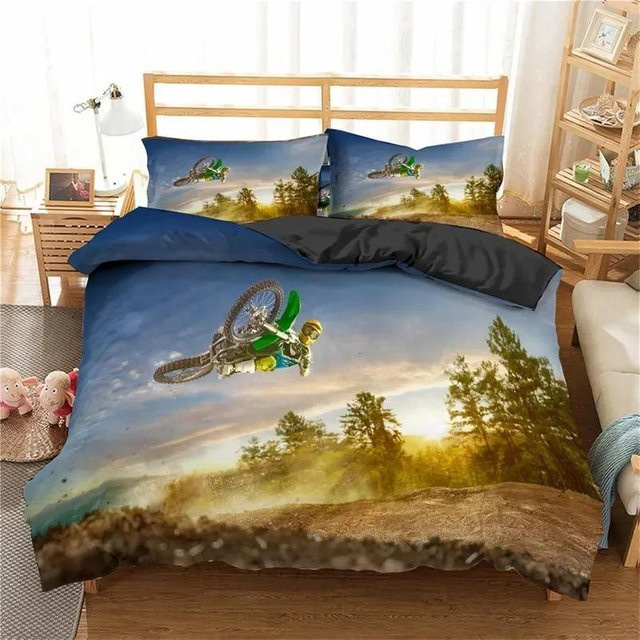 Motocross Bettwäsche-Set von Binchi Outdoor Product in Blau, Mikrofaser 3D Design für Jugendliche und Teenager, Bettdeckenbezug und Kissenbezug, B/H: 264 x 228 cm - Bild 1