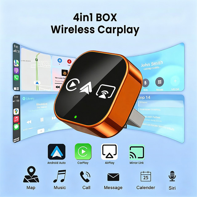 PLAYAIBOX 4-in-1 Wireless CarPlay und Android Auto Dongle Mini AI Box Bluetooth-Adapter für Volvo, Benz, MG, Kia, Chery und VW in Orange - Bild 1