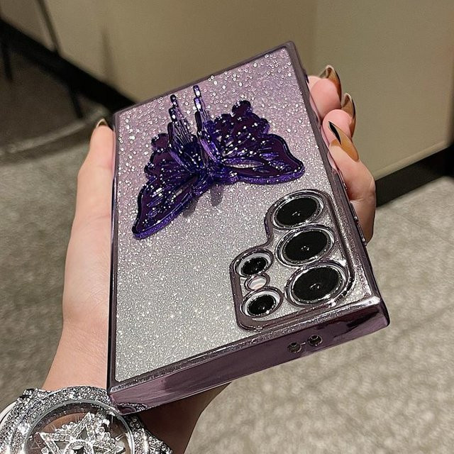Sansooy Handyhülle mit 3D Schmetterling und Farbverlauf in Purple für Samsung Galaxy S24 S23 S22 S21 Ultra Plus Stoßfest mit integriertem Ständer - Bild 1