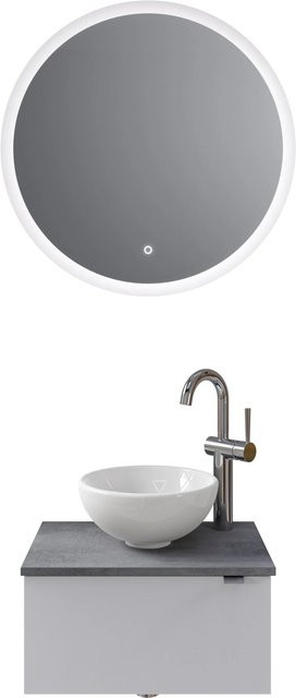 Pelipal Badmöbel-Set Serie 6915 in Weiß Glanz und Dunkelgrau Oxid mit Keramik Aufsatzbecken, Waschtischunterschrank und Funktionsspiegel mit LED-Beleuchtung und Sensor-Schalter - Bild 1