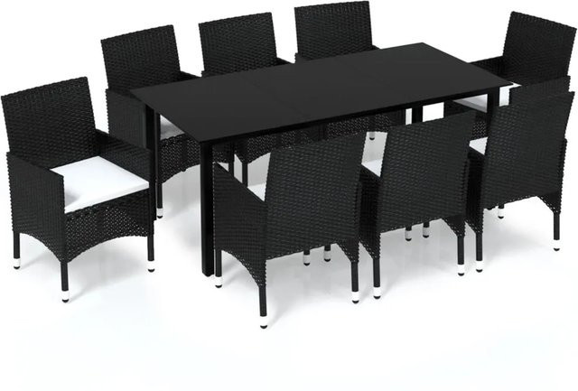 vidaXL 9-tlg Garten-Essgruppe aus Poly Rattan mit Glasplatte und Kissen in Schwarz - Bild 1
