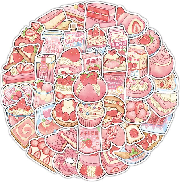 51/52-teiliges Snack-Tüten-Aufkleber-Set in Rosa mit Lebensmittel-Motiven von Sticker Story Store zur Dekoration von Journal und Notizbuch - Bild 1