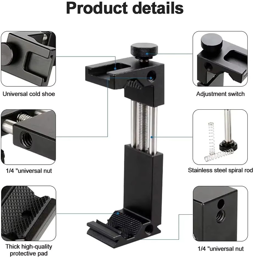 Wrumava Aluminium Telefon Stativ Halterung mit Kaltschuh-Halterung in Schwarz, universell verstellbare Klemme für iPhone 12 11 Pro, vertikale und horizontale Unterstützung - Bild 5