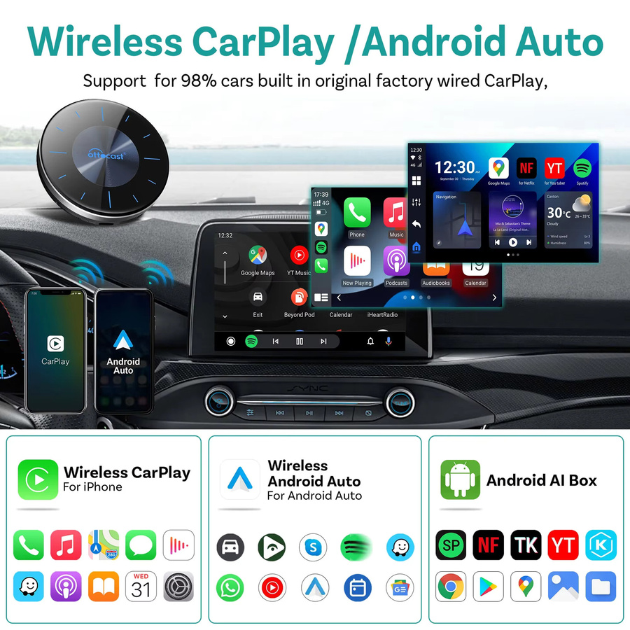 Ottocast P3 Auto TV AI Box mit 8+128G Speicher, kabelloses CarPlay und Android Auto, HDMI-Ausgang und GPS, Schwarz - Bild 2